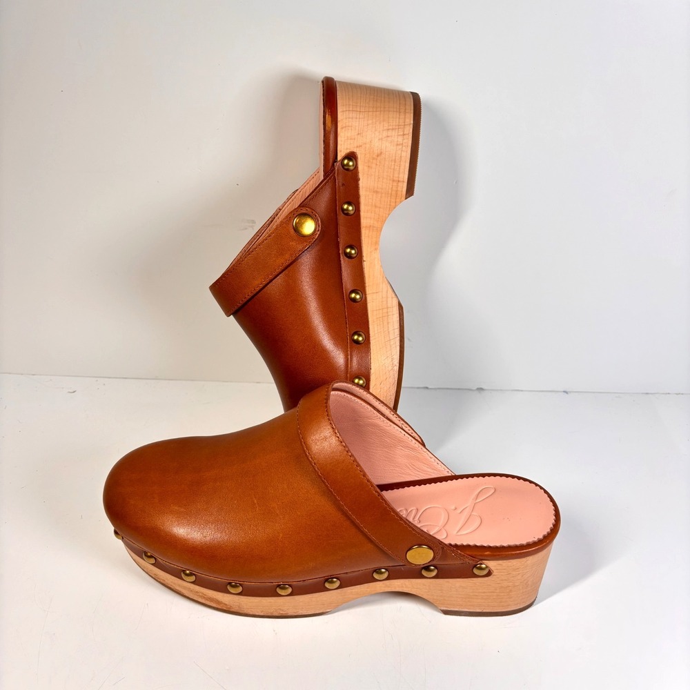 J. Crew Convertible Leather Clogs Brown Studded Wood Sole Slingback Size 6.5 US
